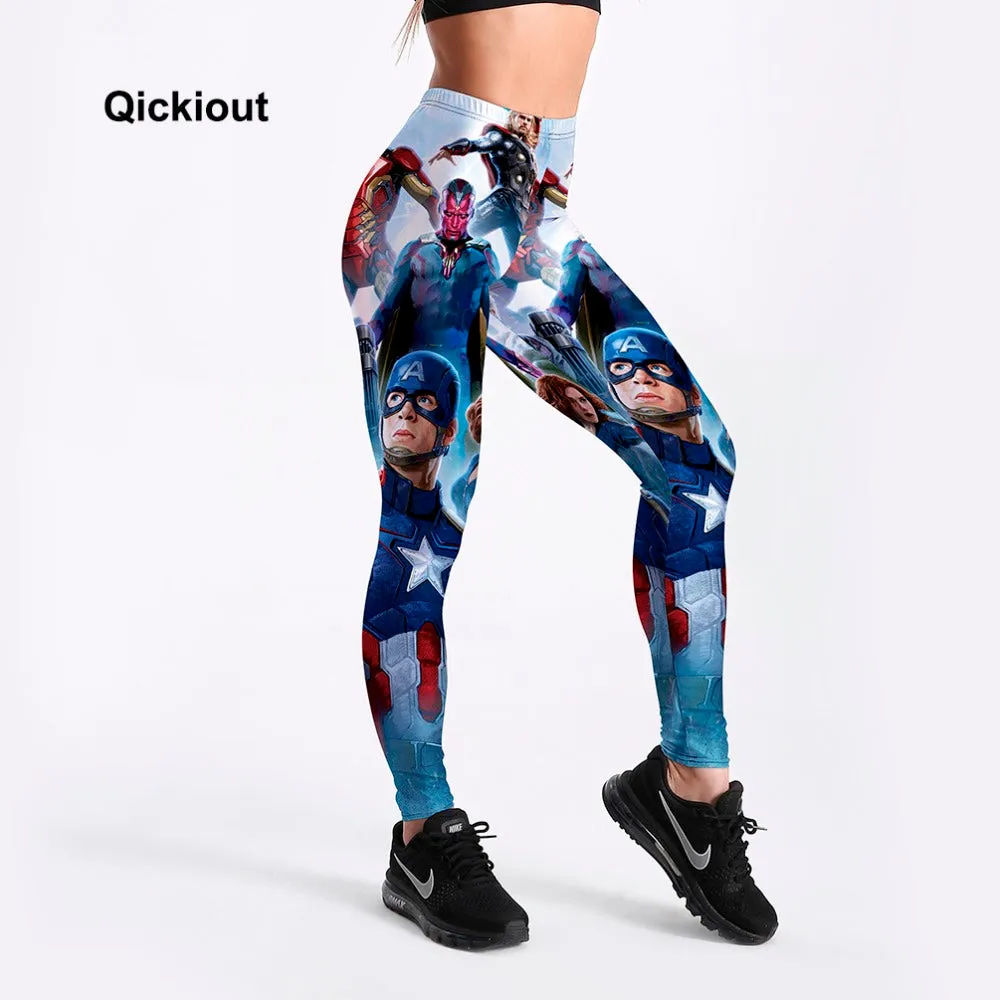 Qickitout Women Leggings Casual Long Pants High Waist Captain America Iron Man Thor Hulk Black Widow Avengers Pinted