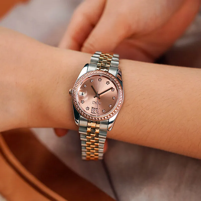 Retro Elegance Versatile Round Berry Nude Pink Dial Gold Watch