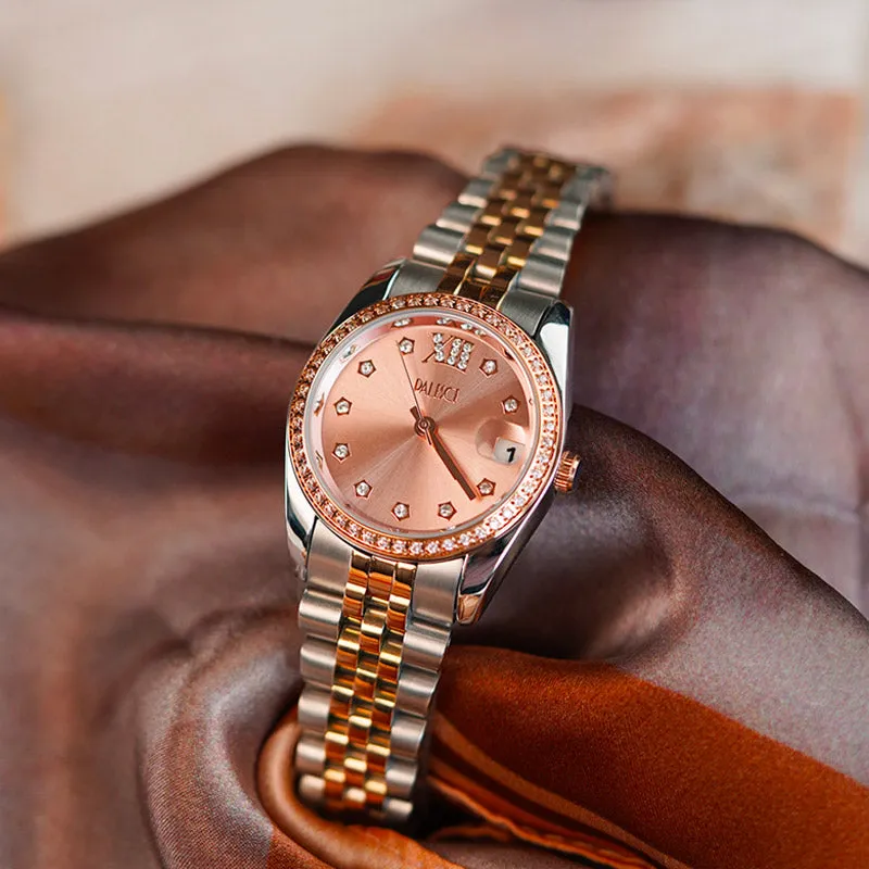 Retro Elegance Versatile Round Berry Nude Pink Dial Gold Watch