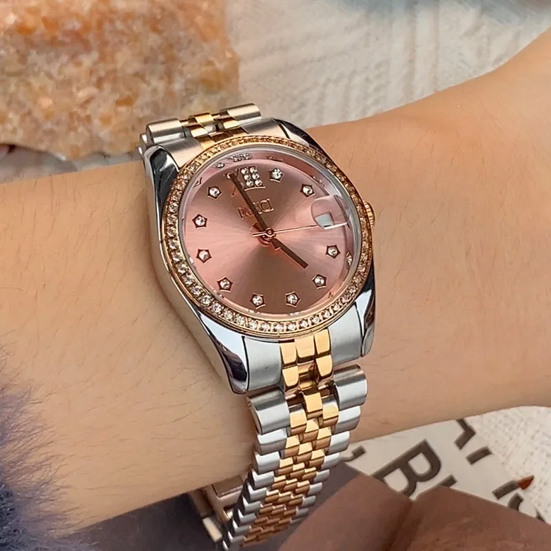 Retro Elegance Versatile Round Berry Nude Pink Dial Gold Watch