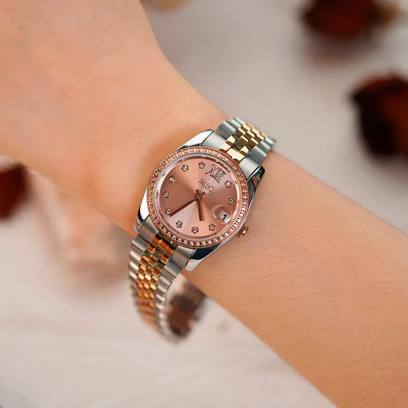 Retro Elegance Versatile Round Berry Nude Pink Dial Gold Watch