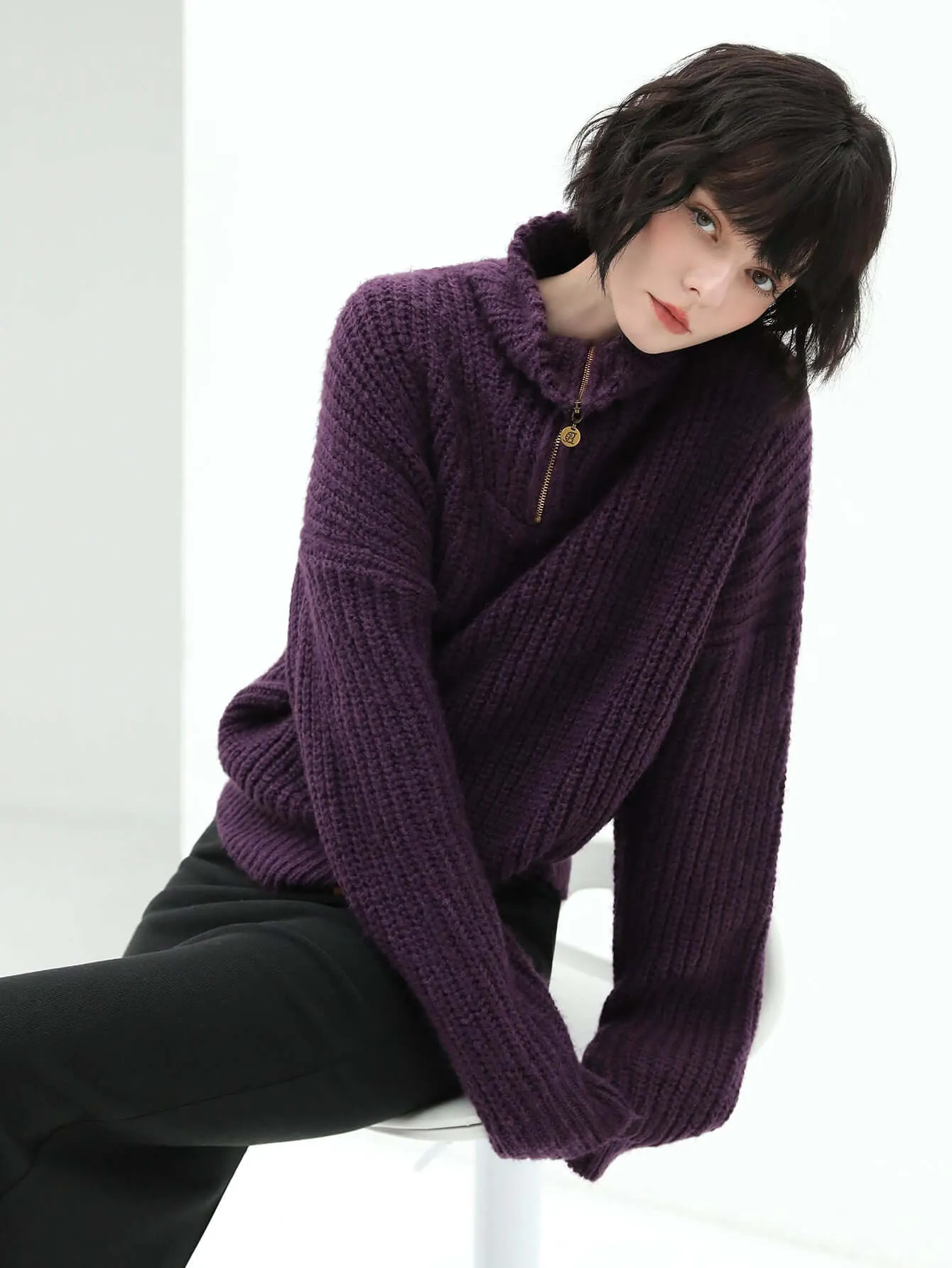 Retro Half-zip Purple Knit Top