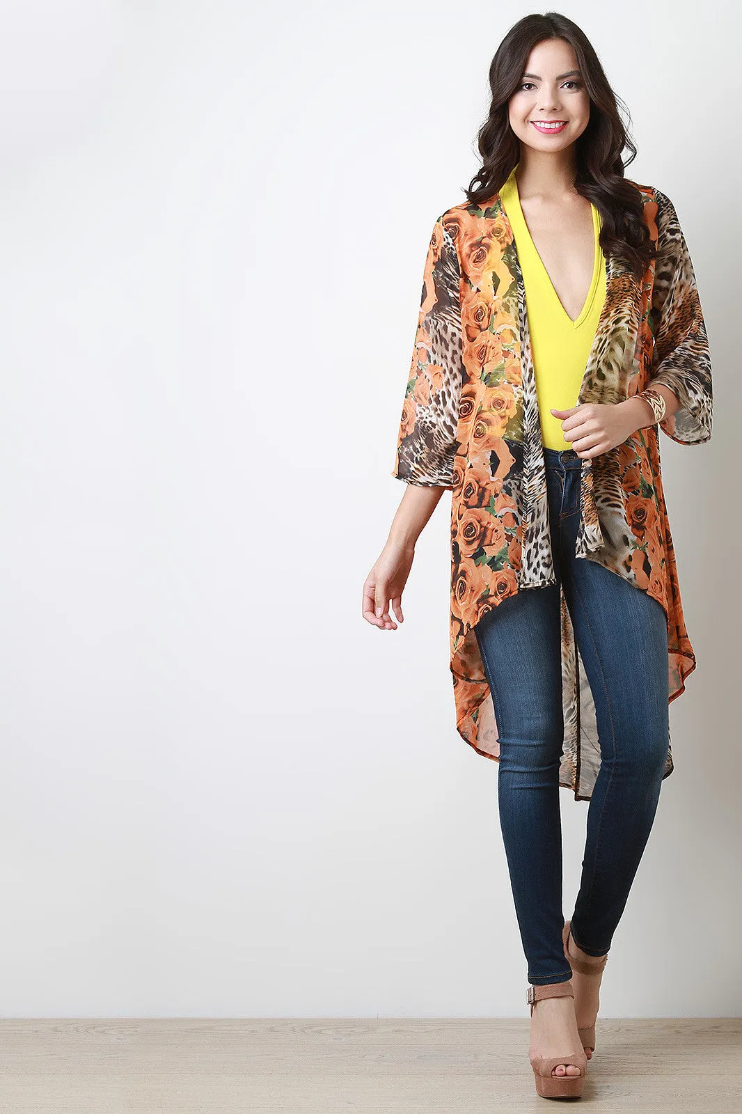 Rosette And Leopard Chiffon Open Front Cardigan