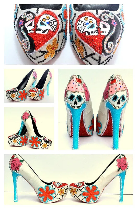 Sugar Skull & Cupcake Crystal Heel