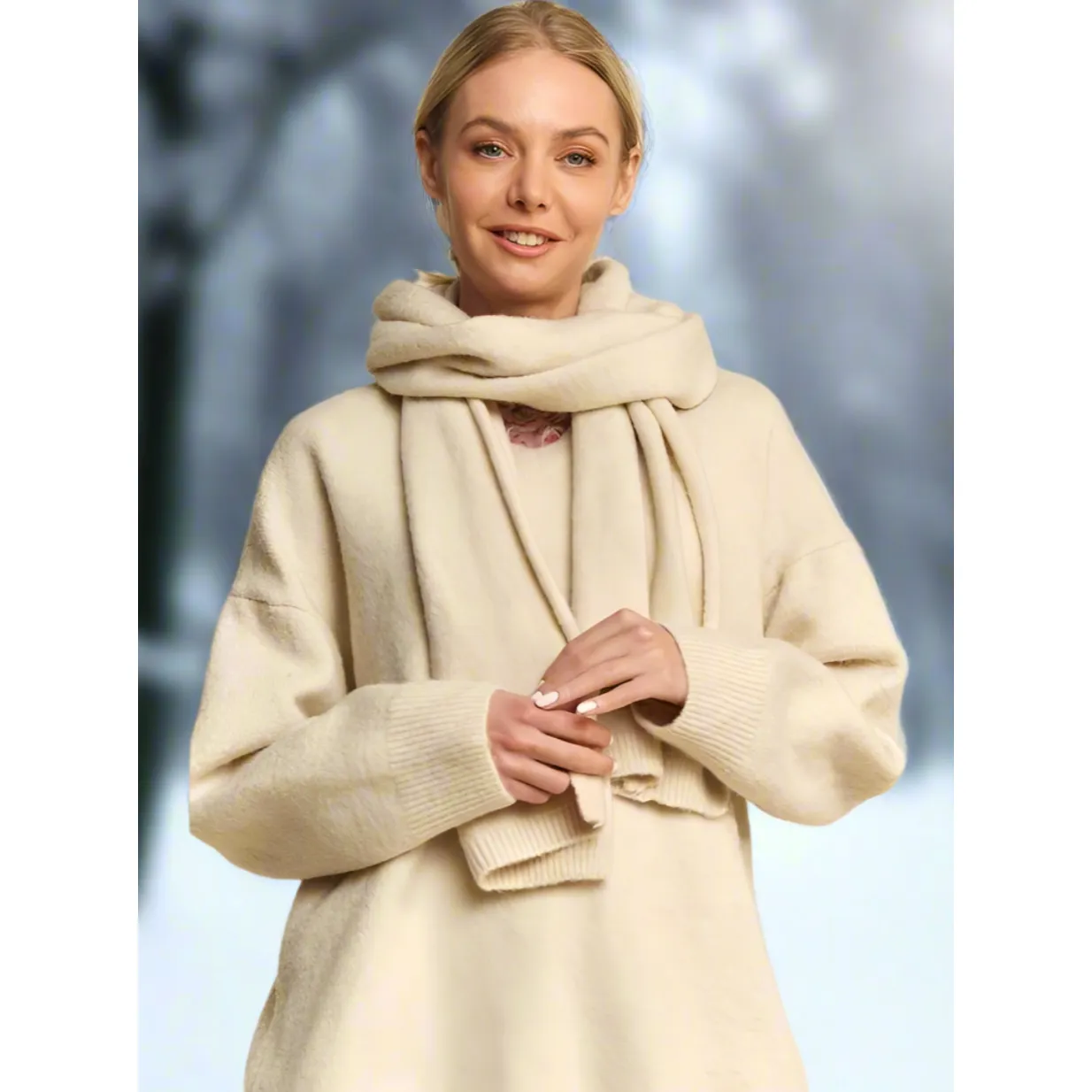 The Davi Cream V-Neck Sweater and Scarf Set