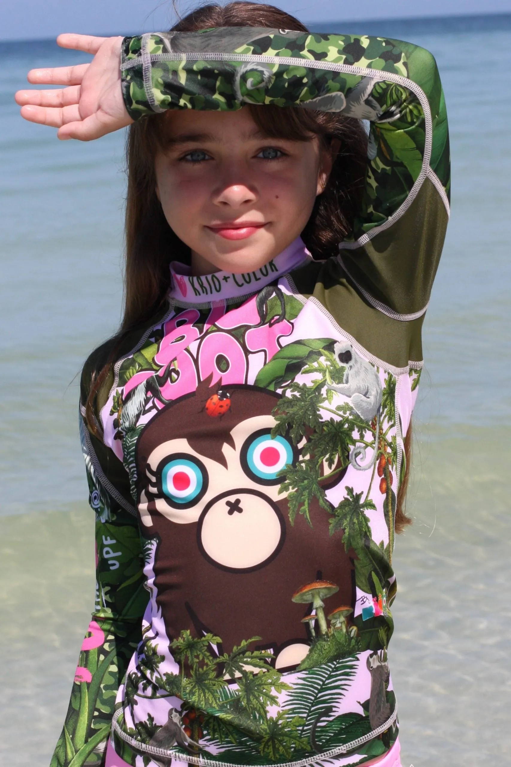 Tropical Forest Big Foot Girls Long Sleeve Rash Guard Shirt With Zipper