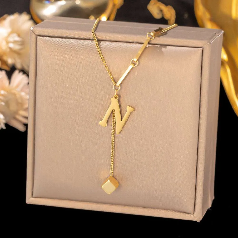 Women's Titanium Steel Graceful Personal Letter and Small Square Pendant Necklace