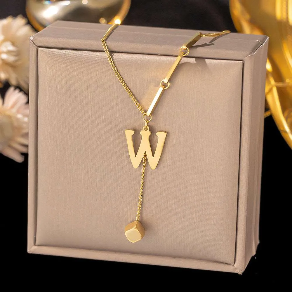 Women's Titanium Steel Graceful Personal Letter and Small Square Pendant Necklace