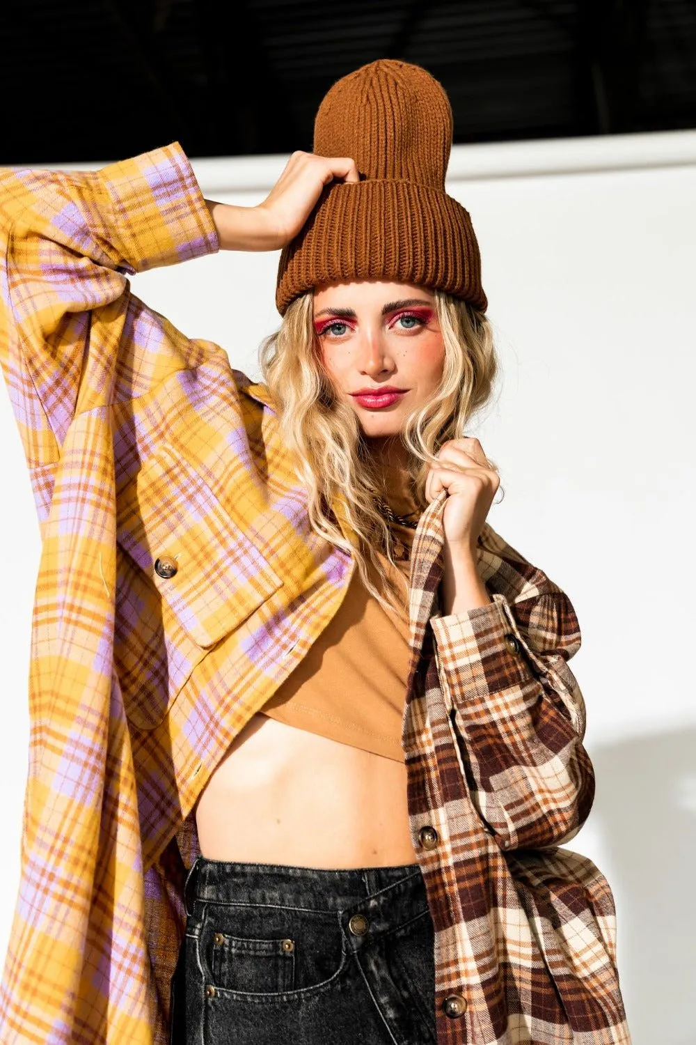 Zuri Oversized Grunge Flannel in Half   Half Yellow and Brown