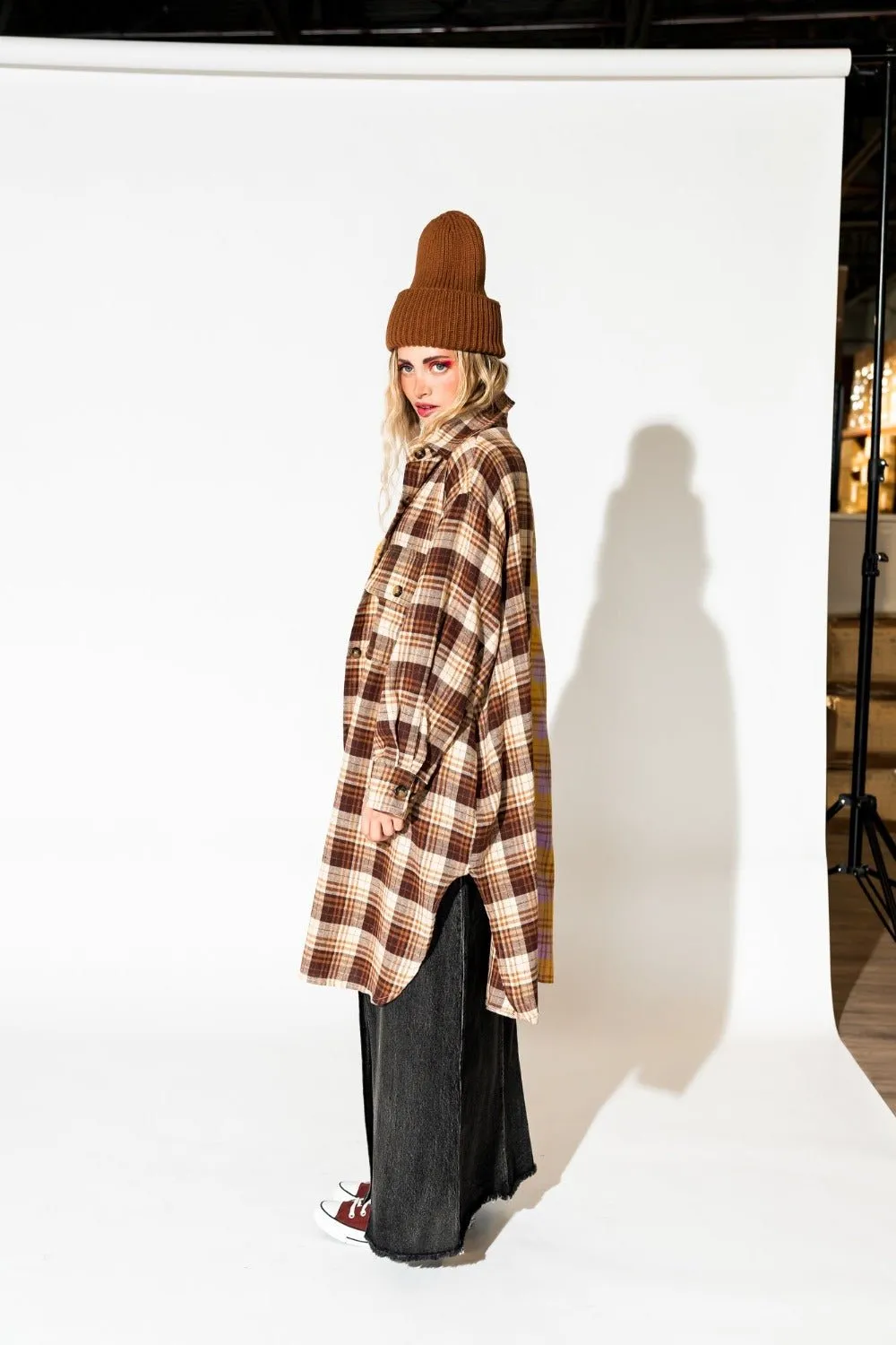 Zuri Oversized Grunge Flannel in Half   Half Yellow and Brown